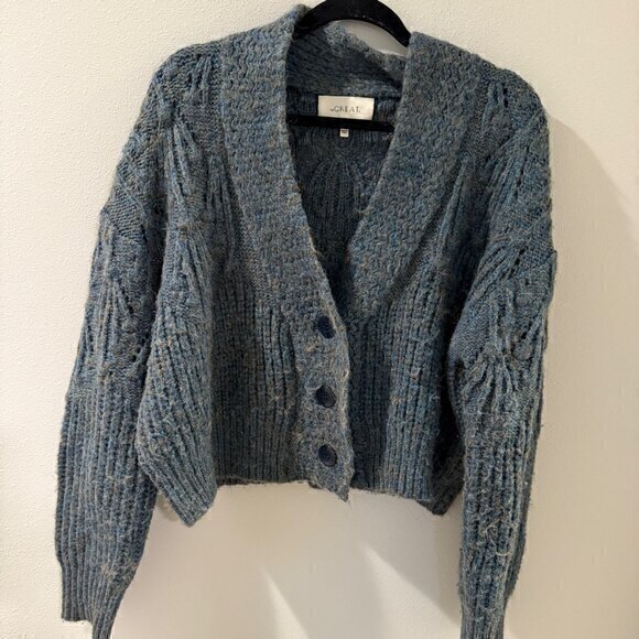 THE GREAT. Sweaters - THE GREAT. Chunky Blue-Grey Cable Knit Cardigan